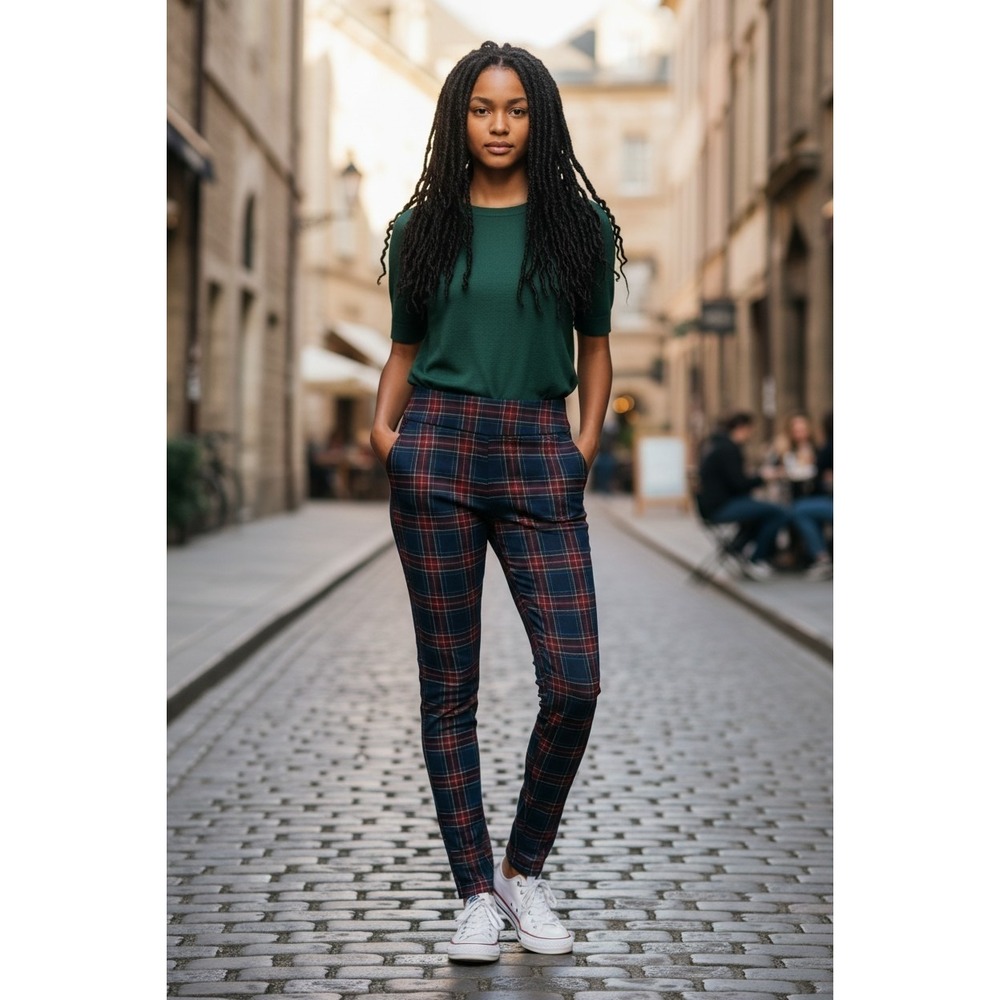 SO High Rise Ponte Leggings Womens NWT Red Blue Tartan Plaid Stretch Pants Large